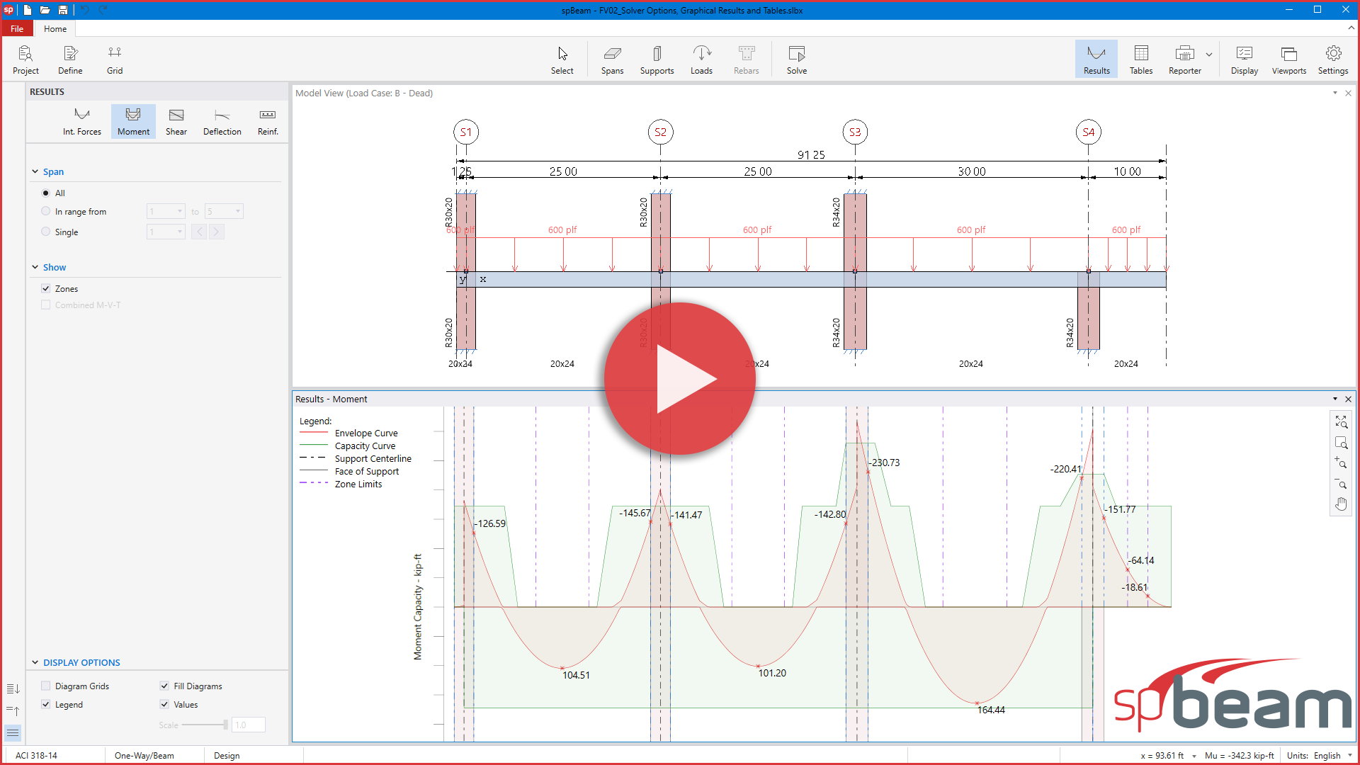 spBeam Solver Options, Graphical Results and Tables